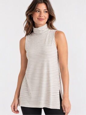 Garnet Hill Minimalist Tencel Striped Turtleneck Tunic Top Size Small Coastal